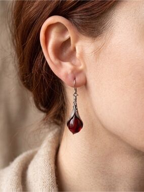 Sterling Silver Red Teardrop AmberDangle Earrings